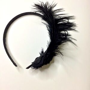 ## Glamorous Black Feather Headband with Embroidered Flower